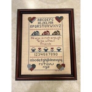 VTG Cross Stitch Sampler Framed Cottagecore Prairie Folk Art Grandma Dated 1989